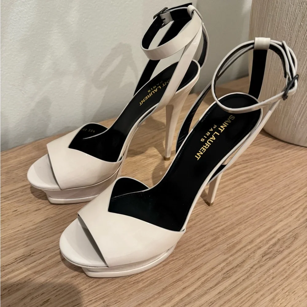 Saint Laurent Cream Patent Leather Platform Heels with Ankle Strap - Picture 16 of 16